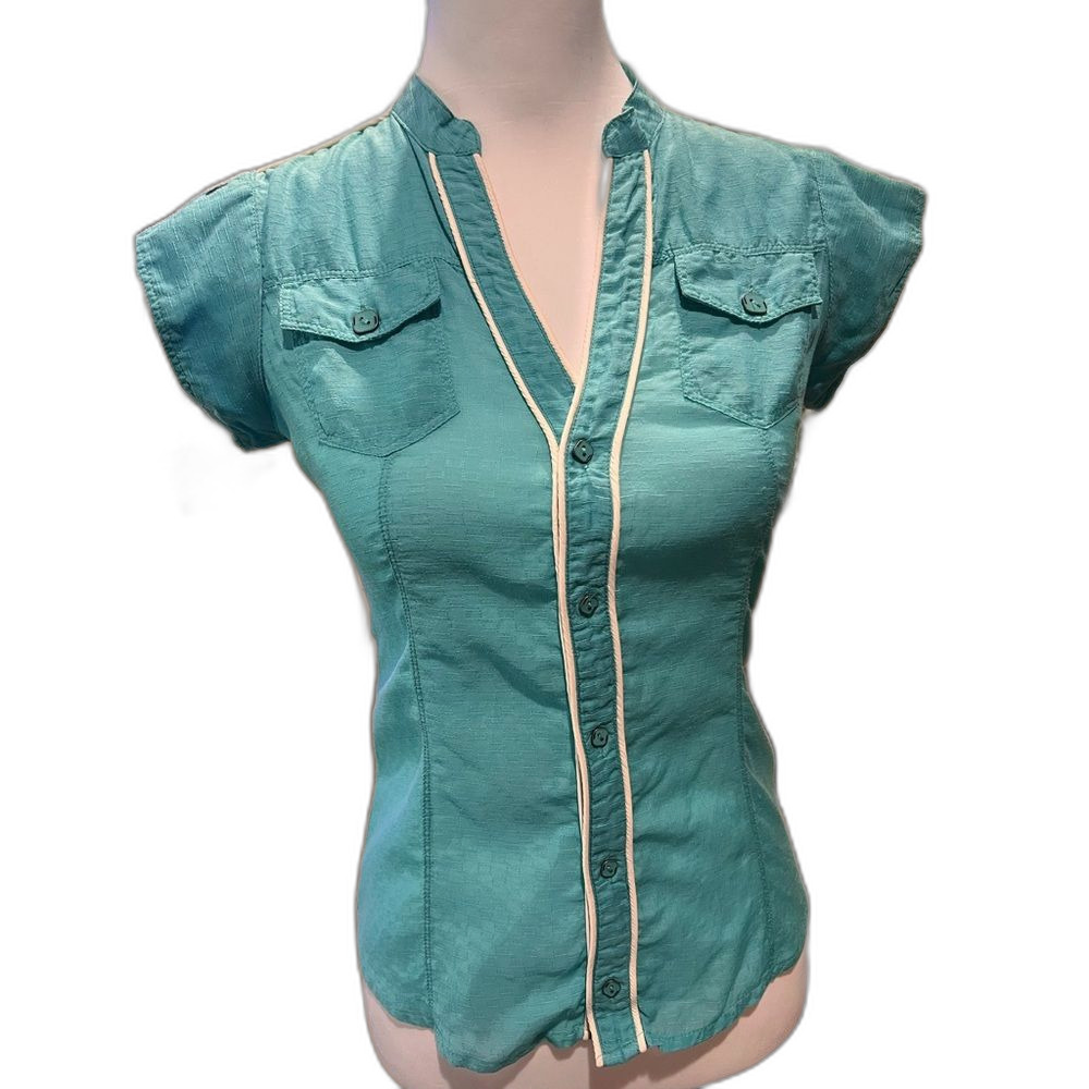 Diesel Y2K Textured Button Front Blouse XXS Green Cap Sleeve Contrast Trim 00s